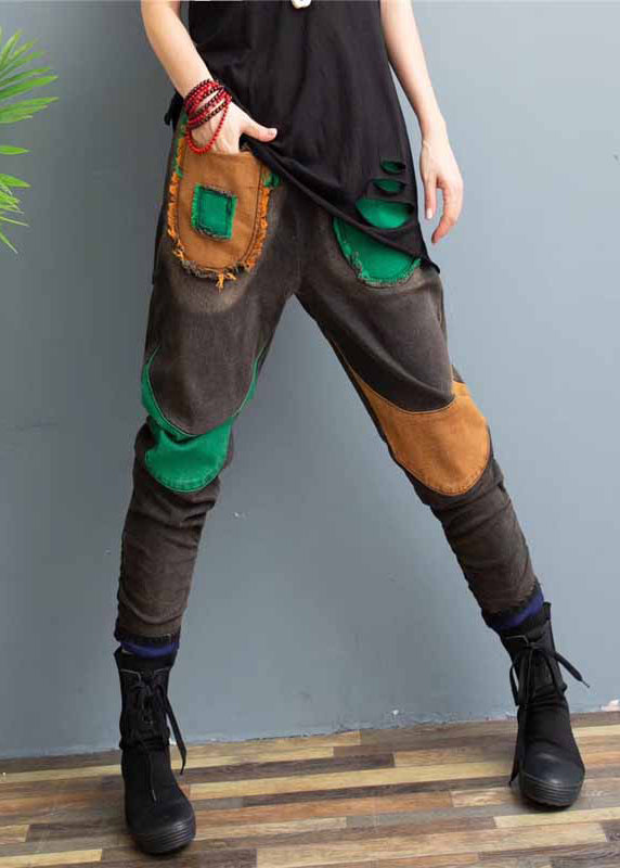 New Elastic Waist Patchwork Warm Fleece Denim Pants Spring