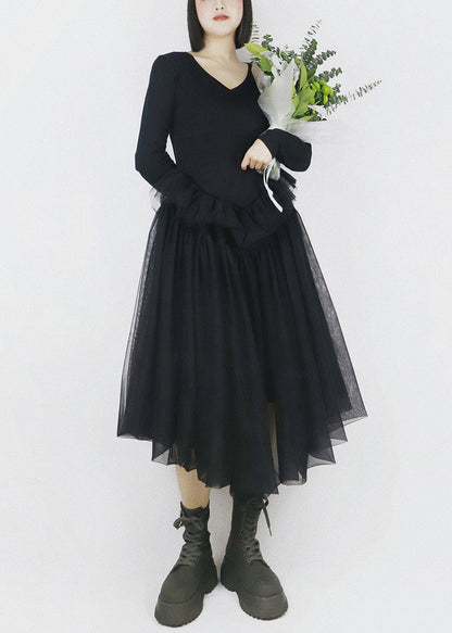 Black Asymmetrical Tulle Patchwork Cotton Dresses