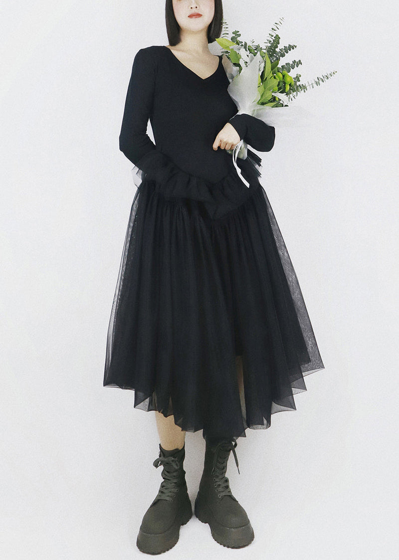 Black Asymmetrical Tulle Patchwork Cotton Dresses