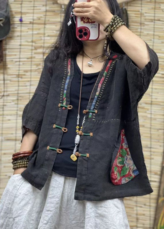Red V Neck Pockets Chinese Button Patchwork Linen Coats Summer