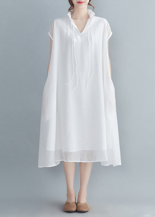 White Chiffon Long Dress Extra Large Hem Lace Up Short Sleeve