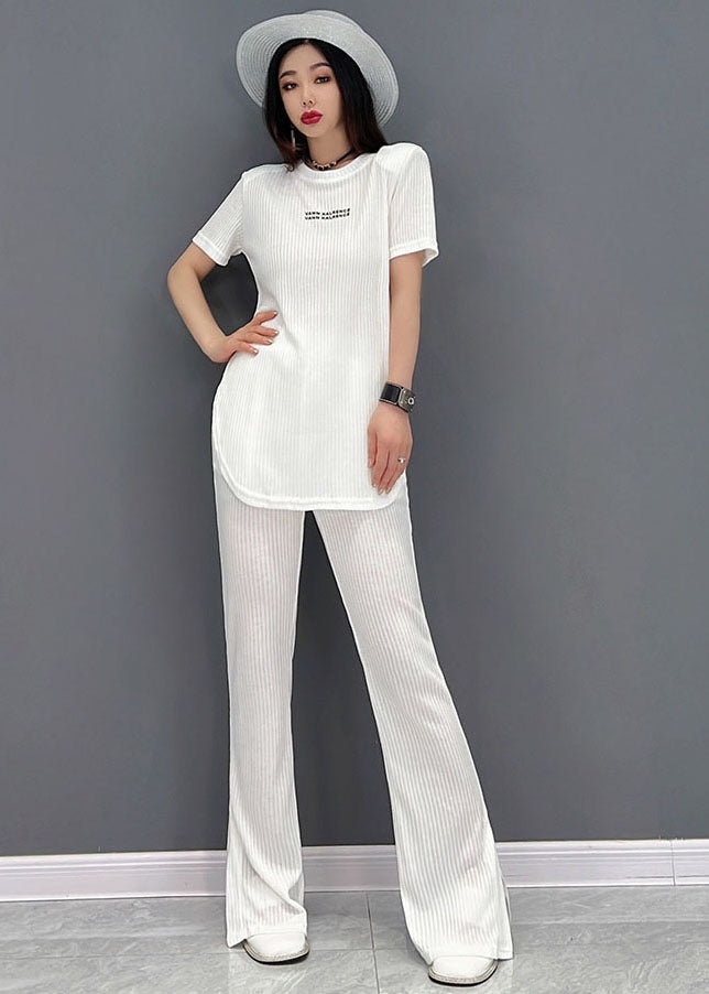 Red O-neck Side Open Letter Cotton Tops and Flare Pants Two Piece Set Outfits Short Sleeve