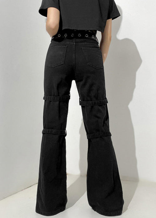 Unique Black Button Print Pockets Denim Pants Summer