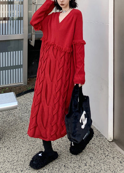 Loose Red V Neck Tasseled Cable Knit Sweater Dress Winter