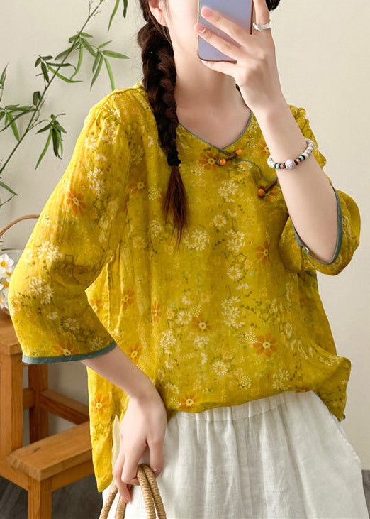 Yellow Print Chinese Button Linen Tops Fall