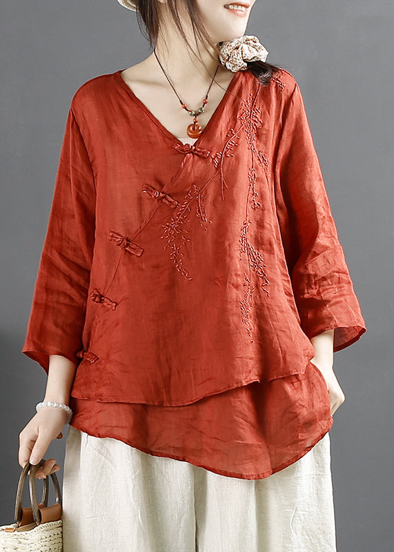 Purple V Neck Embroideried Chinese Button Linen Tops Summer