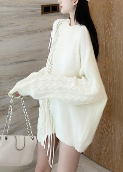 White Asymmetrical Patchwork Thick Cotton Knit Sweaters Spring