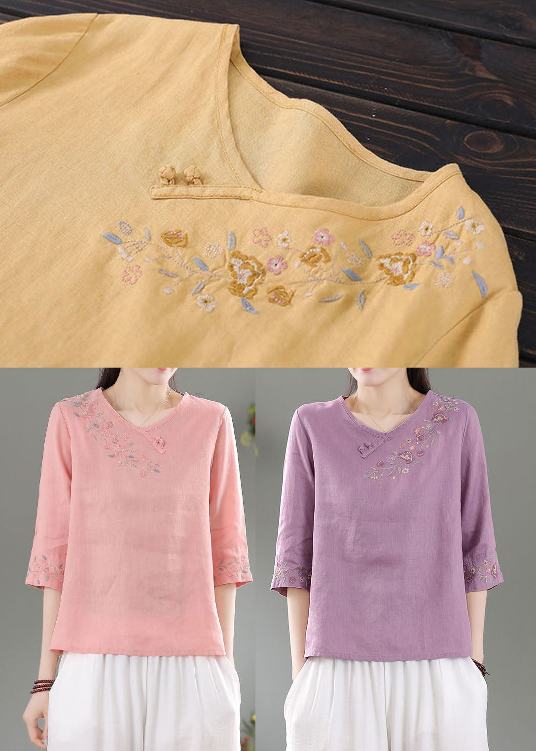 Modern Pink O-neck Side Open Linen Top Three Quarter Sleeve