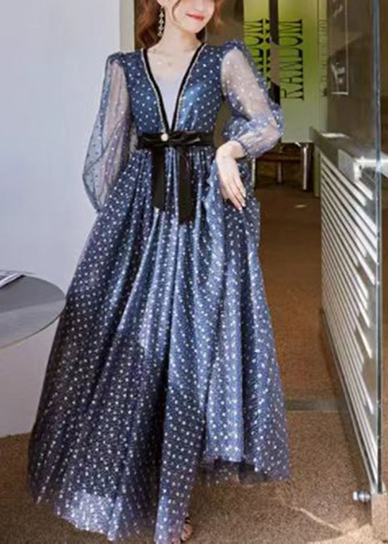 Blue V Neck Print Wrinkled Tulle Dress Long Sleeve