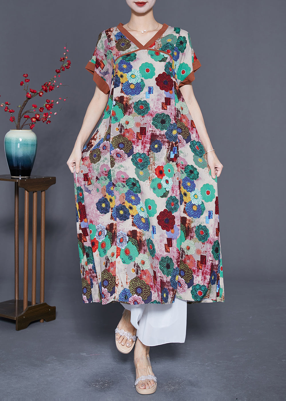 Khaki Print Cotton Long Dress O-neck Summer