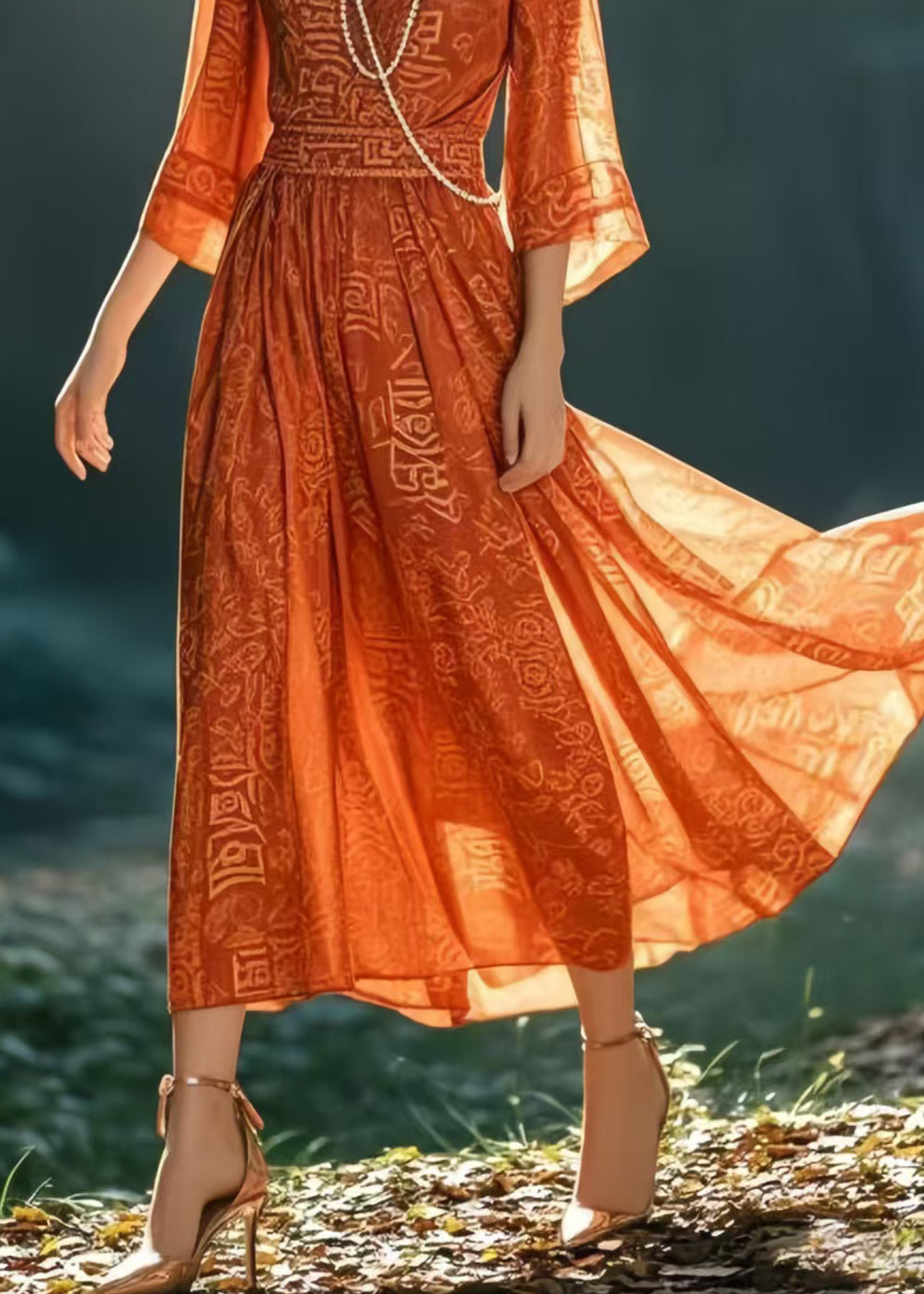 Italian Orange Print Chiffon Holiday Dresses Bracelet Sleeve Summer