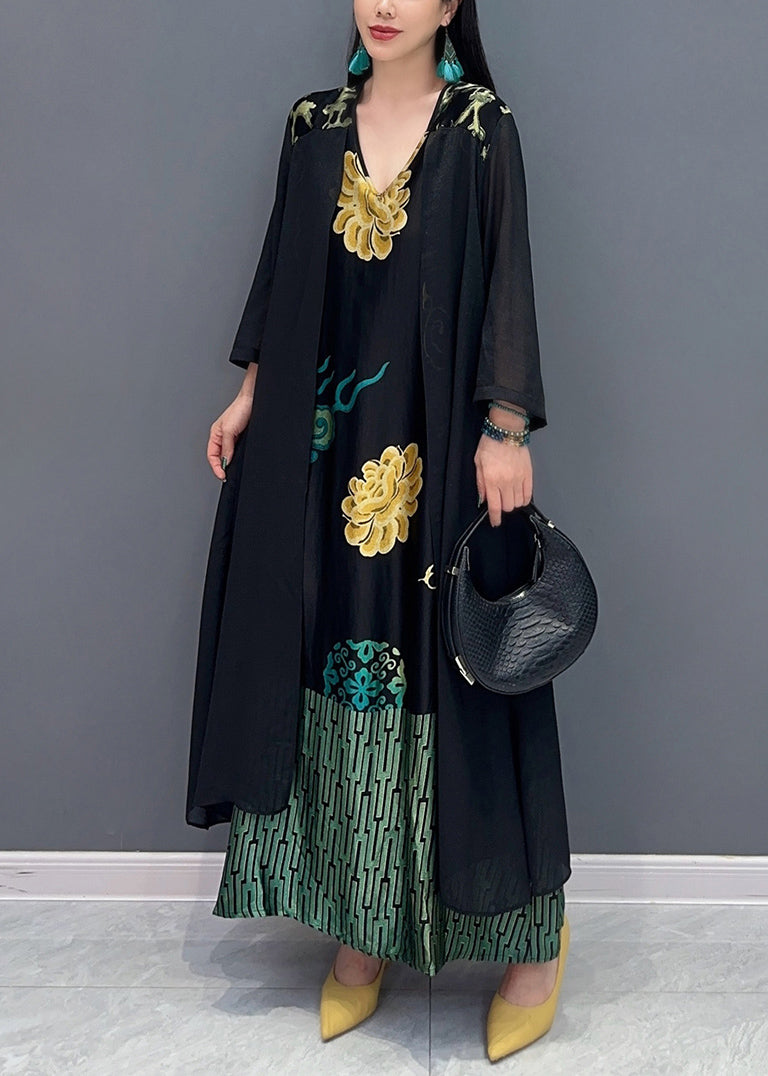 Loose Black V Neck Fake Two Piece Printed Dress for Summer