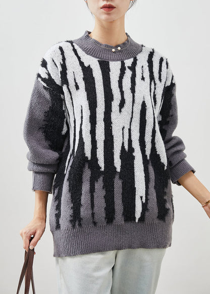 Diy Grey Oversized Jacquard Knit Pullover Winter