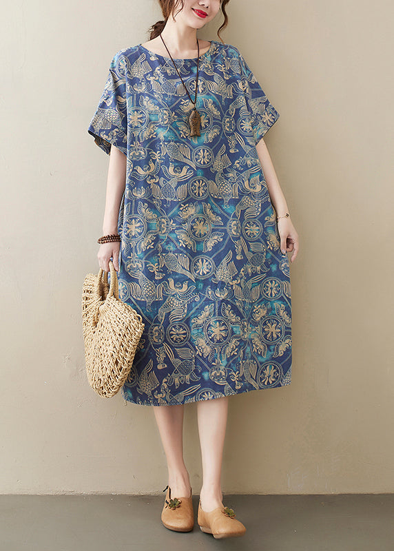 Original Design Blue O-neck Print Cotton Loose Dress Short Sleeve