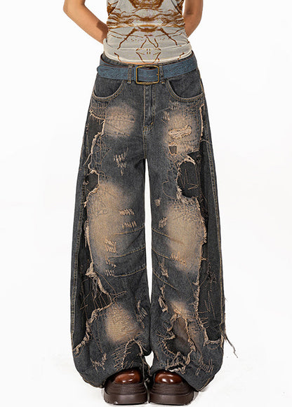 Denim Blue Pockets High Waist Ripped Jeans Fall