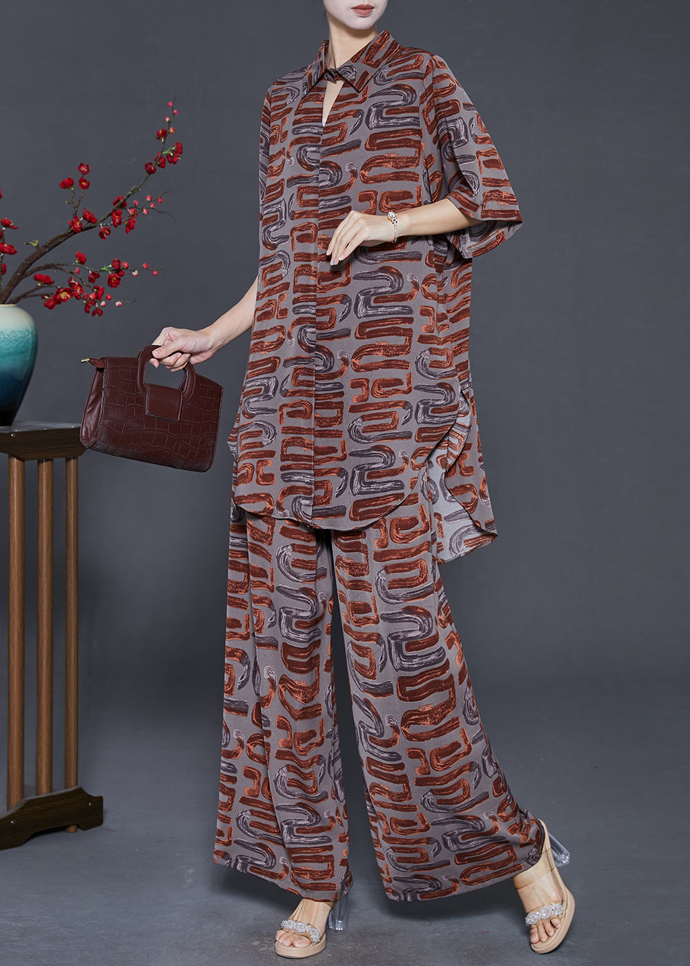 Brown Print Chiffon Two Piece Set Clothing Notched Summer