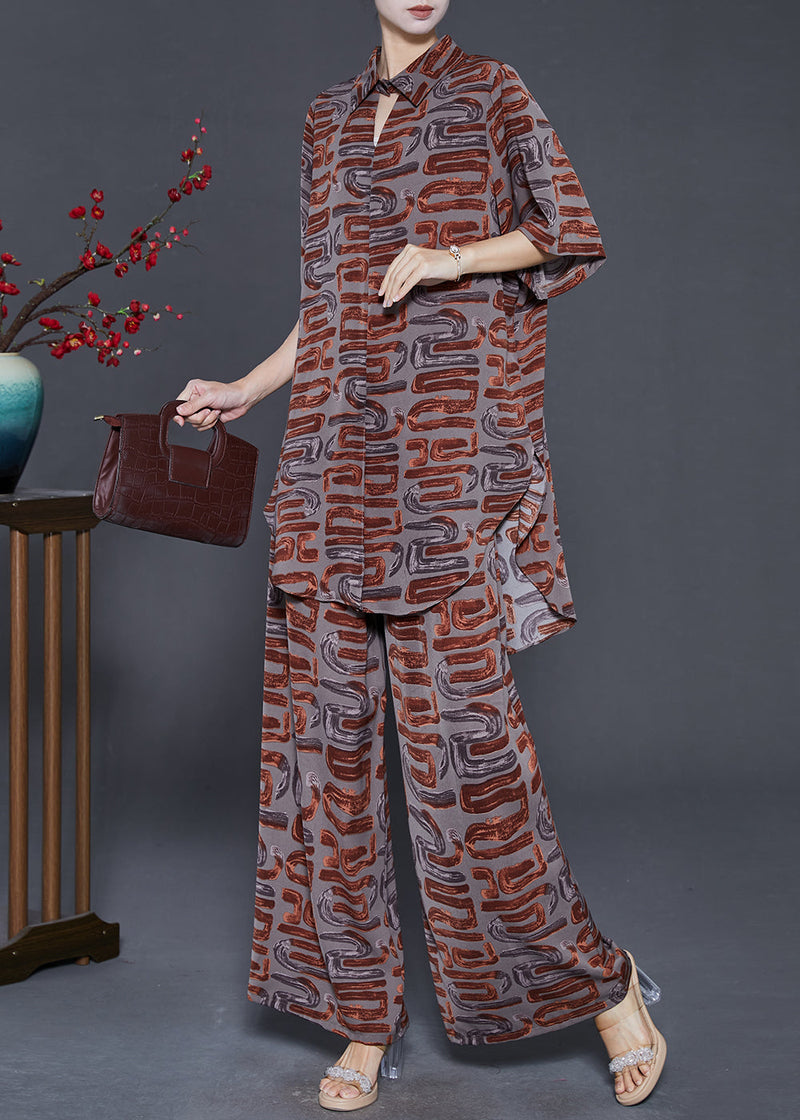 Brown Print Chiffon Two Piece Set Clothing Notched Summer
