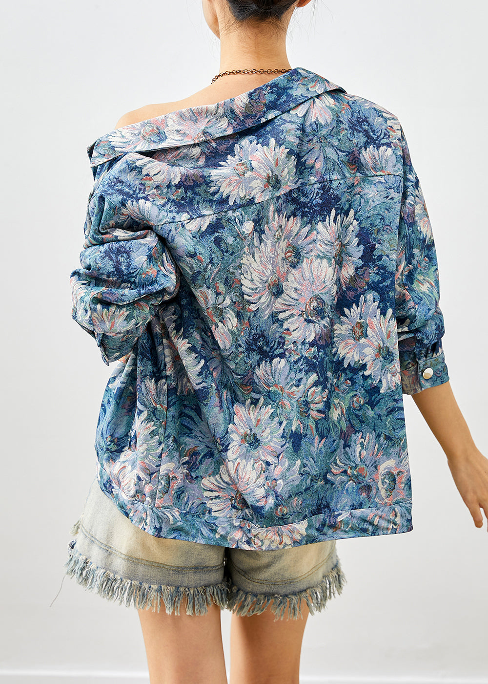 Stylish Blue Painting Cotton Coat Outwear Fall