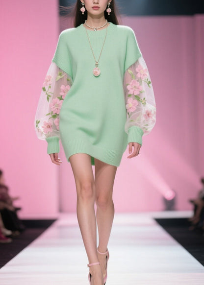Classy Green O Neck Tulle Patchwork Knitwear Dress Fall