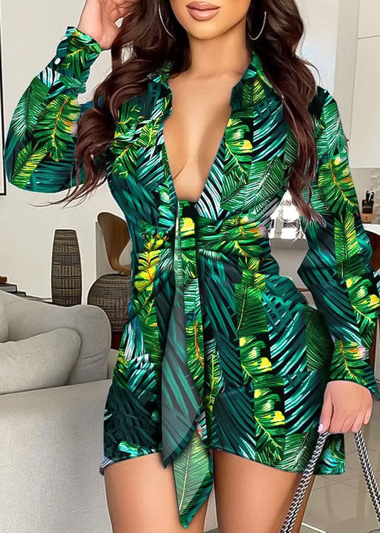 Green Slim Fit V Neck Print Dresses Long Sleeve