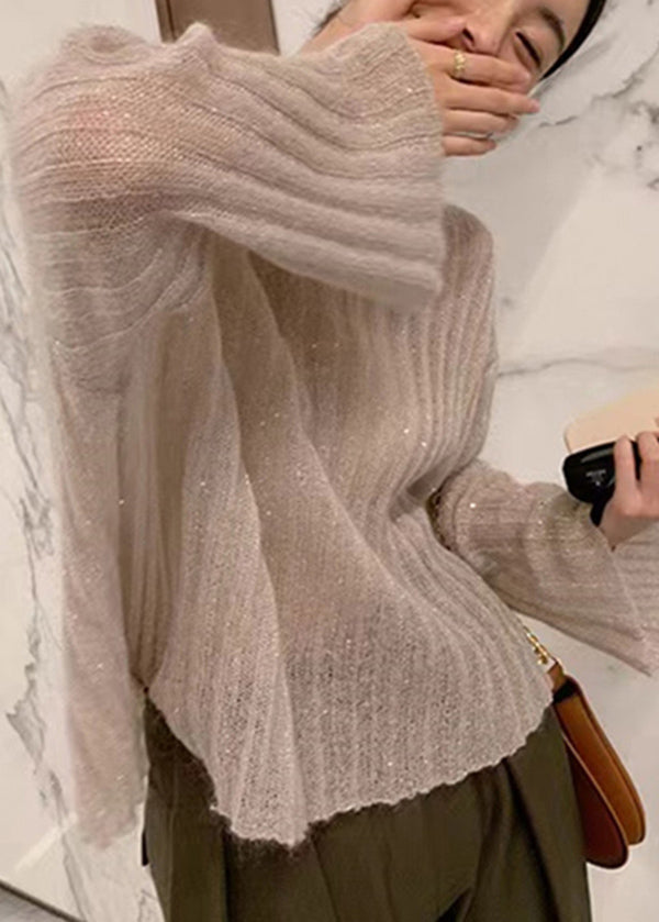 Beige O Neck Knit Sweaters Flare Sleeve