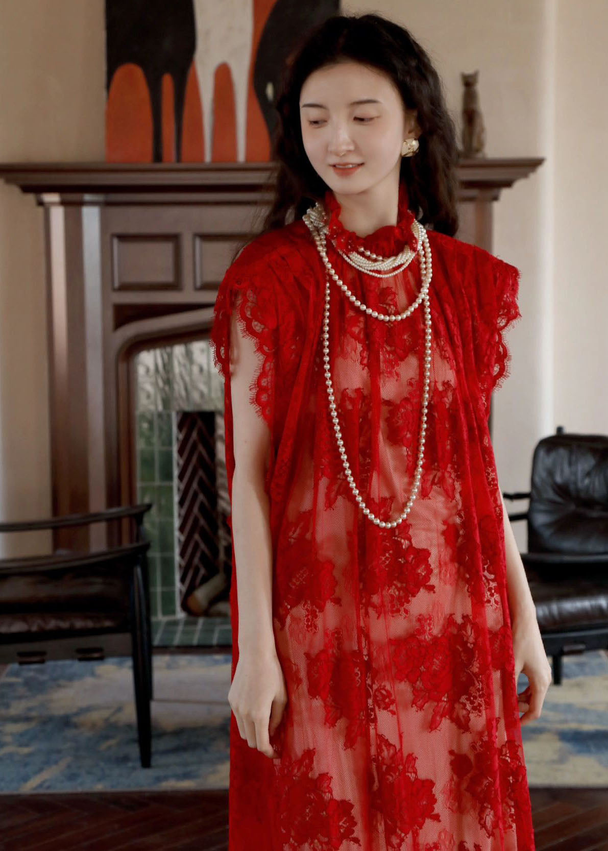 Red Stand Collar Hollow Out Lace Maxi Dresses Short Sleeve