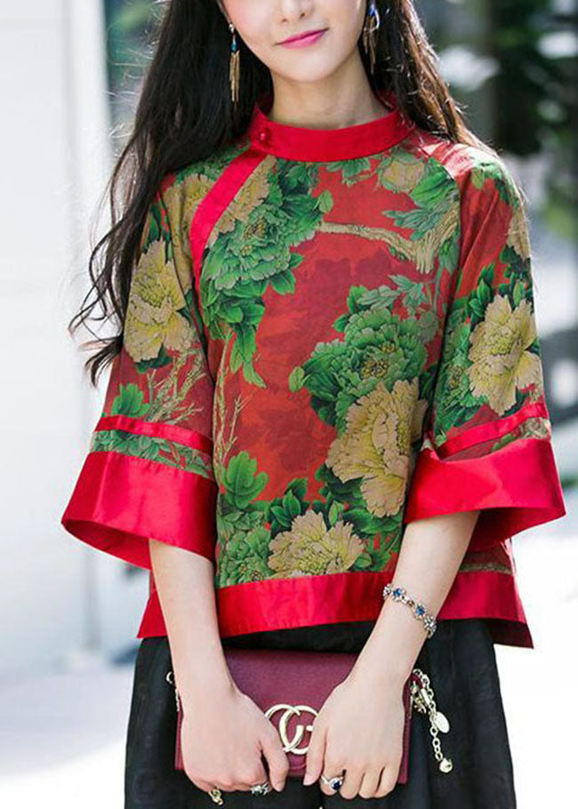 Red Button Stand Collar Print Silk Tops Half Sleeve