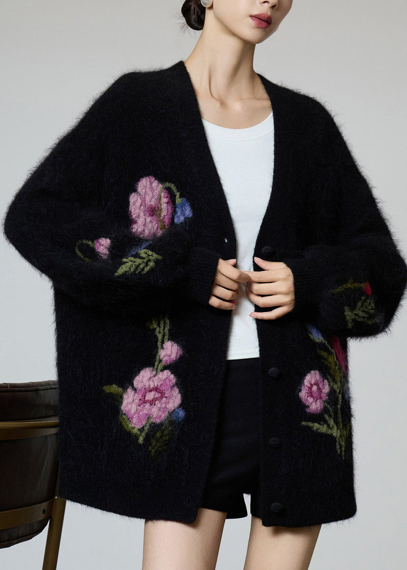 Black V Neck Embroidered Knit Coat Fall