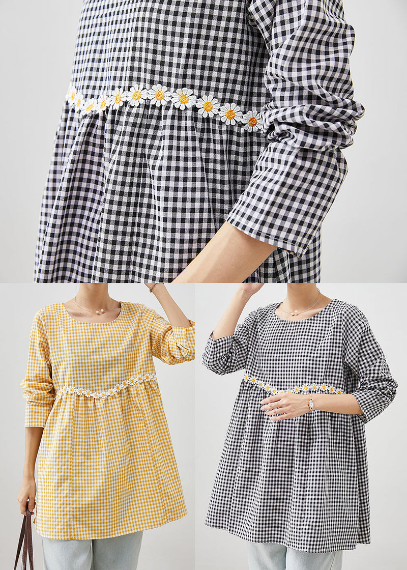 Grey Plaid Cotton Blouse a Line Tops Daisy Fall