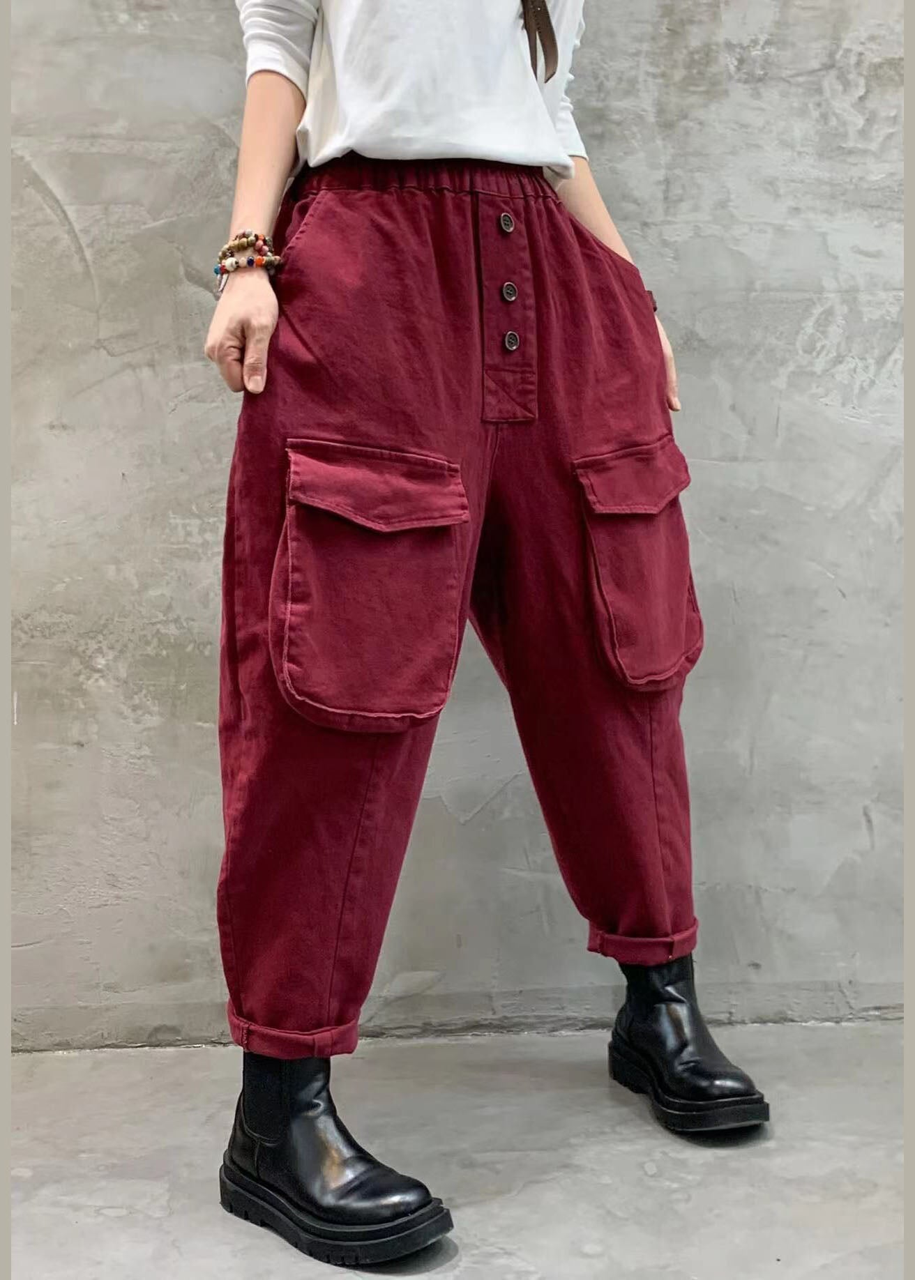 Red Elastic Waist Button Pockets Harem Pants Spring