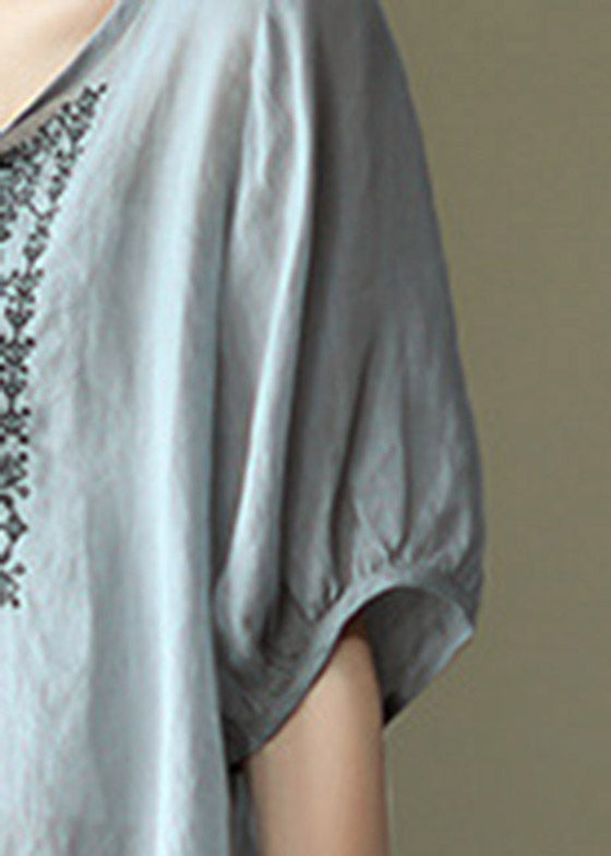 Brief Dusty Blue O-neck Embroideried Lace Up Linen Tops Half Sleeve