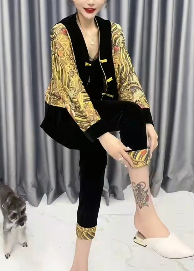 Yellow V Neck Print Patchwork Silk Velour Coats and Crop Pants Two Pieces Set Fall