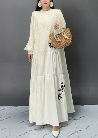 Beige Button Print Pockets Cotton Dresses Fall