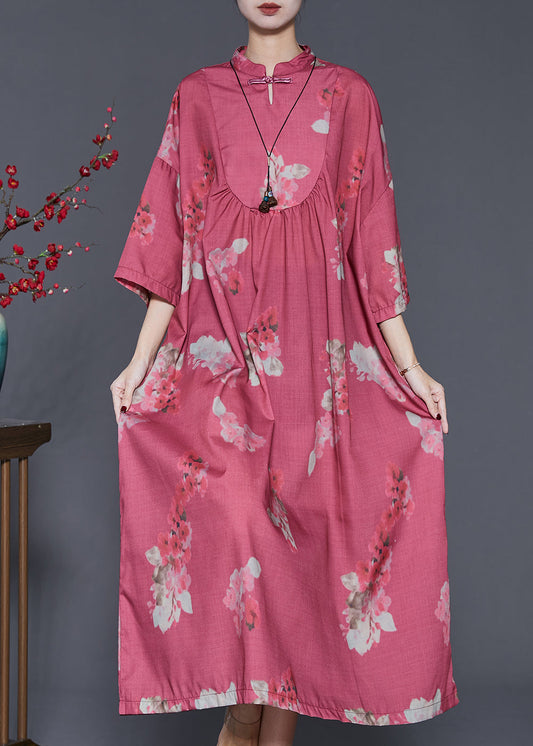 Red Print Chinese Button Cotton Dresses Spring