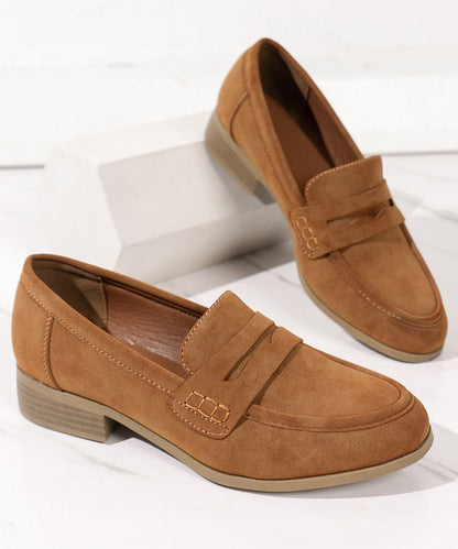 Simple Brown Round Head Suede Low Heel Flats Shoes