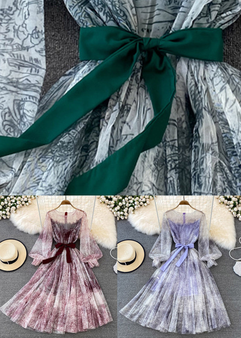 Purple O-neck Bow Tulle Long Dress Puff Sleeve