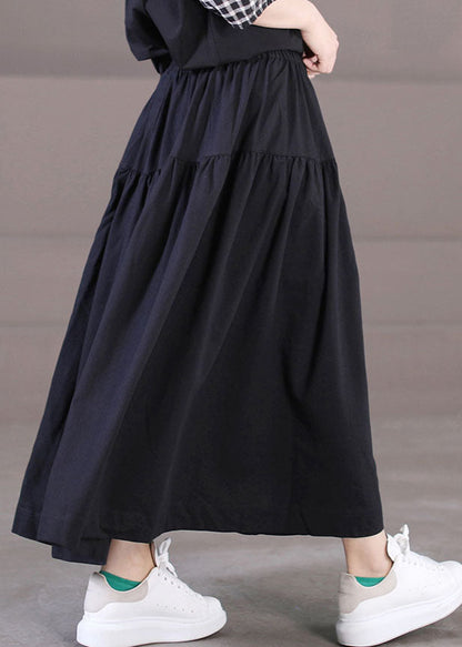 Black Elastic Waist Patchwork Cotton Pleated Skirt Summer