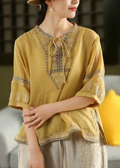 Yellow Embroidered Tie Neck Linen Blouses Half Sleeve