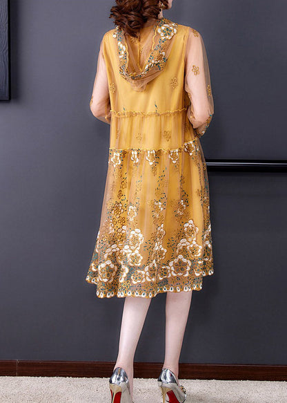 Yellow Ruffled Tulle Vacation Hooded Tulle Long Dresses Spring