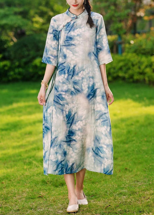 Blue Button Print Lace Up Linen Long Dresses Summer