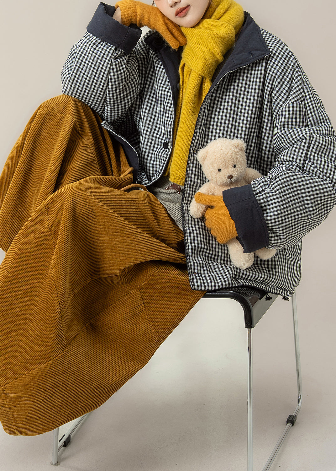 Natural Navy Plaid Wear on Both Sides Fine Cotton Filled Puffers Jackets Winter