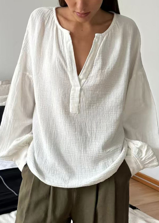 White V Neck Cotton Shirt Fall