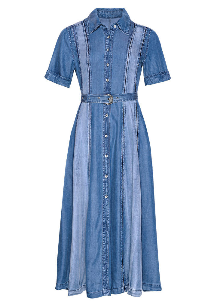 Blue Peter Pan Collar Patchwork Sashes Silk Denim Long Dress Short Sleeve
