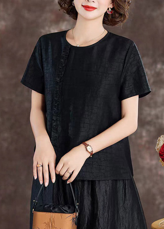 Black Ruffled Patchwork Silk Tops Short Sleeve