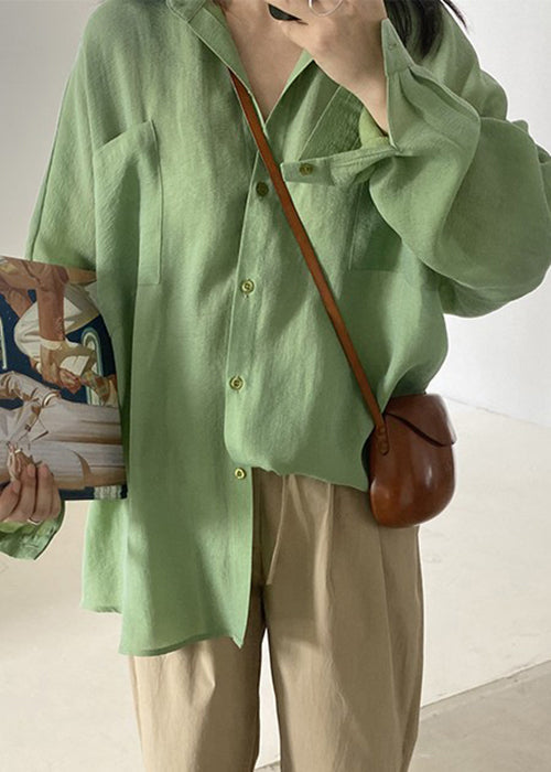 Green Button Pockets Cotton Blouses Fall