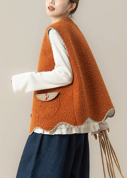 Natural Orange O-neck Asymmetrical Faux Fur Waistcoat and Top Two Pieces Set Winter