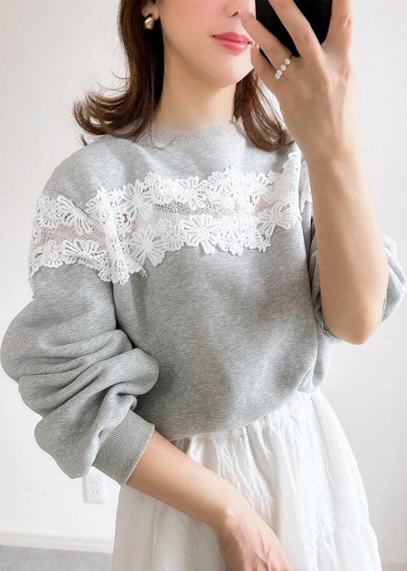 Grey O Neck Lace Patchwork Cotton Sweatshirts Fall