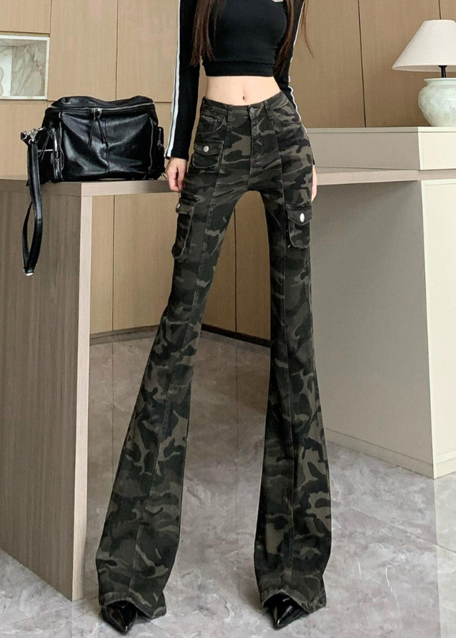 Camouflage Green Silm Fit Denim Flared Trousers Fall