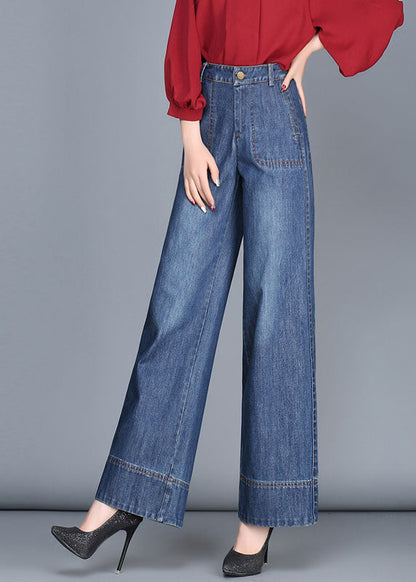 Fitted Navy High Waist Draping Pockets Cotton Denim Wide Leg Pants Summer