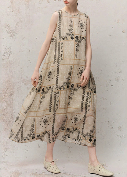 O-neck Print Ramie Maxi Dress Summer